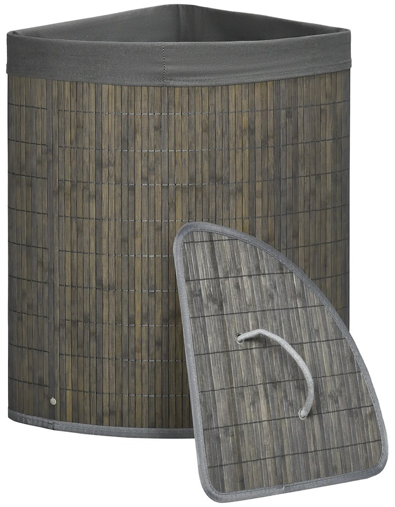 HOMCOM 55 L Καλάθι απλύτων με καπάκι, λαβή, διαλογέας απλύτων με αφαιρούμενη τσάντα πλυντηρίου για μπάνιο, μπαμπού, γκρι