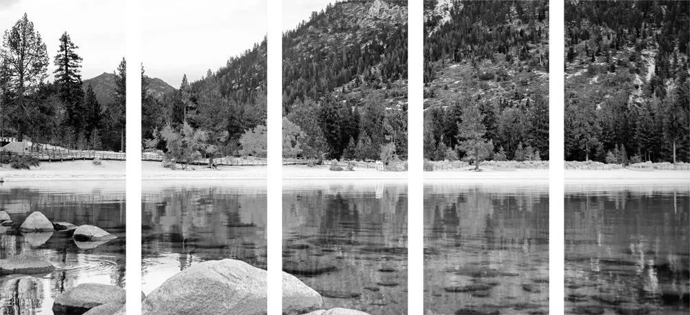 Λίμνη με εικόνα 5 τμημάτων στην όμορφη φύση σε ασπρόμαυρο