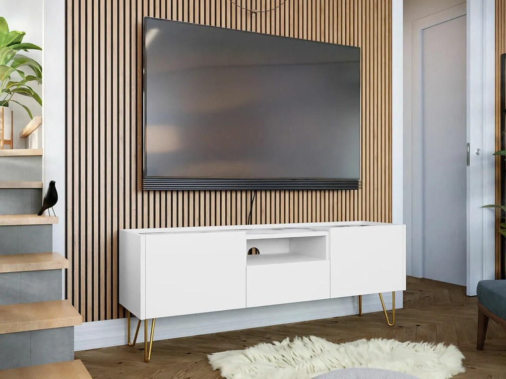 Τραπέζι Tv Lima M103 Άσπρο + Λευκό μάρμαρο, Άσπρο, Λευκό μάρμαρο, Ο αριθμός των θυρών: 2, Αριθμός συρταριών: 1, 144x55x37cm, 28 kg | Epipla1.gr