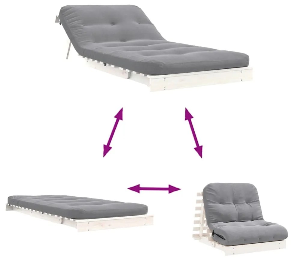 Καναπές Κρεβάτι Futon με Στρώμα 90x206x11 εκ. Μασίφ Ξύλο Πεύκου - Λευκό