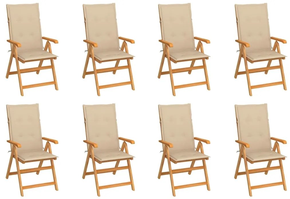 vidaXL Καρέκλες Κήπου Ανακλινόμενες 8 τεμ. Μασίφ Ξύλο Teak & Μαξιλάρια