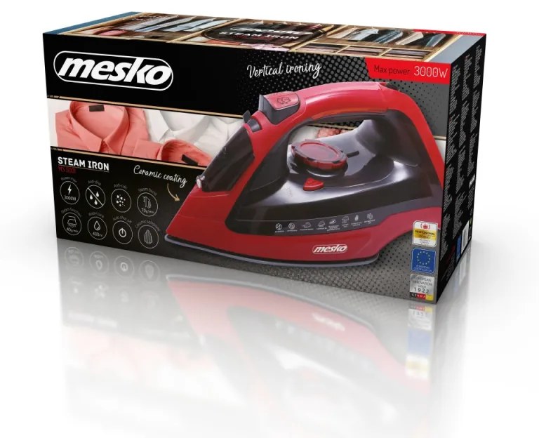 Σίδερο Mesko MS 5031, 3000W, Κεραμική πλάκα, Κάθετη λειτουργία, Αυτοκαθαριζόμενο, Σύστημα κατά των αλάτων, Κόκκινο/Μαύρο