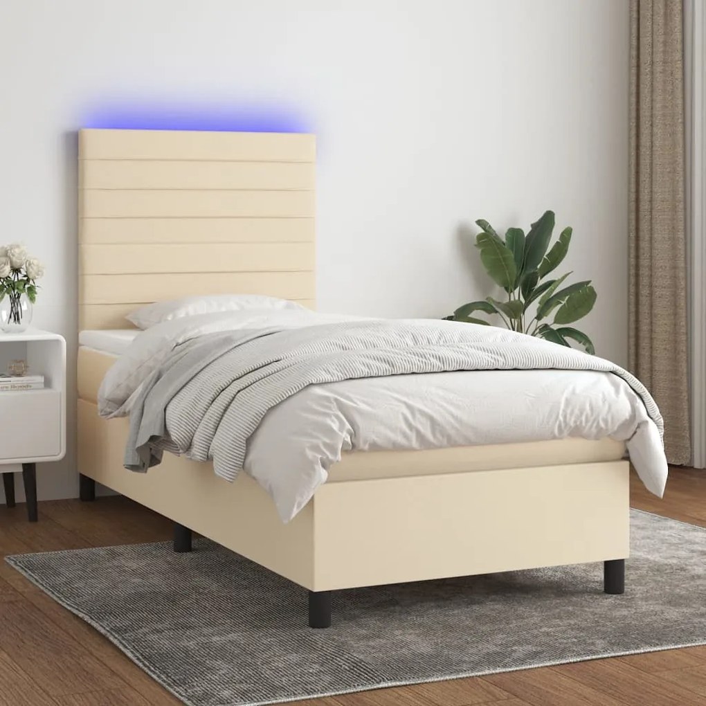 vidaXL Κρεβάτι Boxspring με Στρώμα &amp; LED Κρεμ 90x200 εκ. Υφασμάτινο