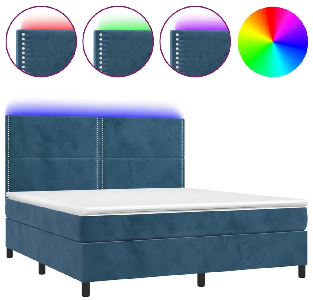 Κρεβάτι Boxspring με Στρώμα &amp; LED Σκ. Μπλε 180x200εκ. Βελούδινο - Μπλε