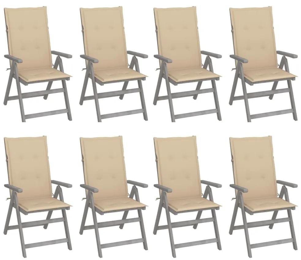 Καρέκλες Κήπου Ανακλιν. 8 τεμ. Γκρι Ξύλο Ακακίας &amp; Μαξιλάρια