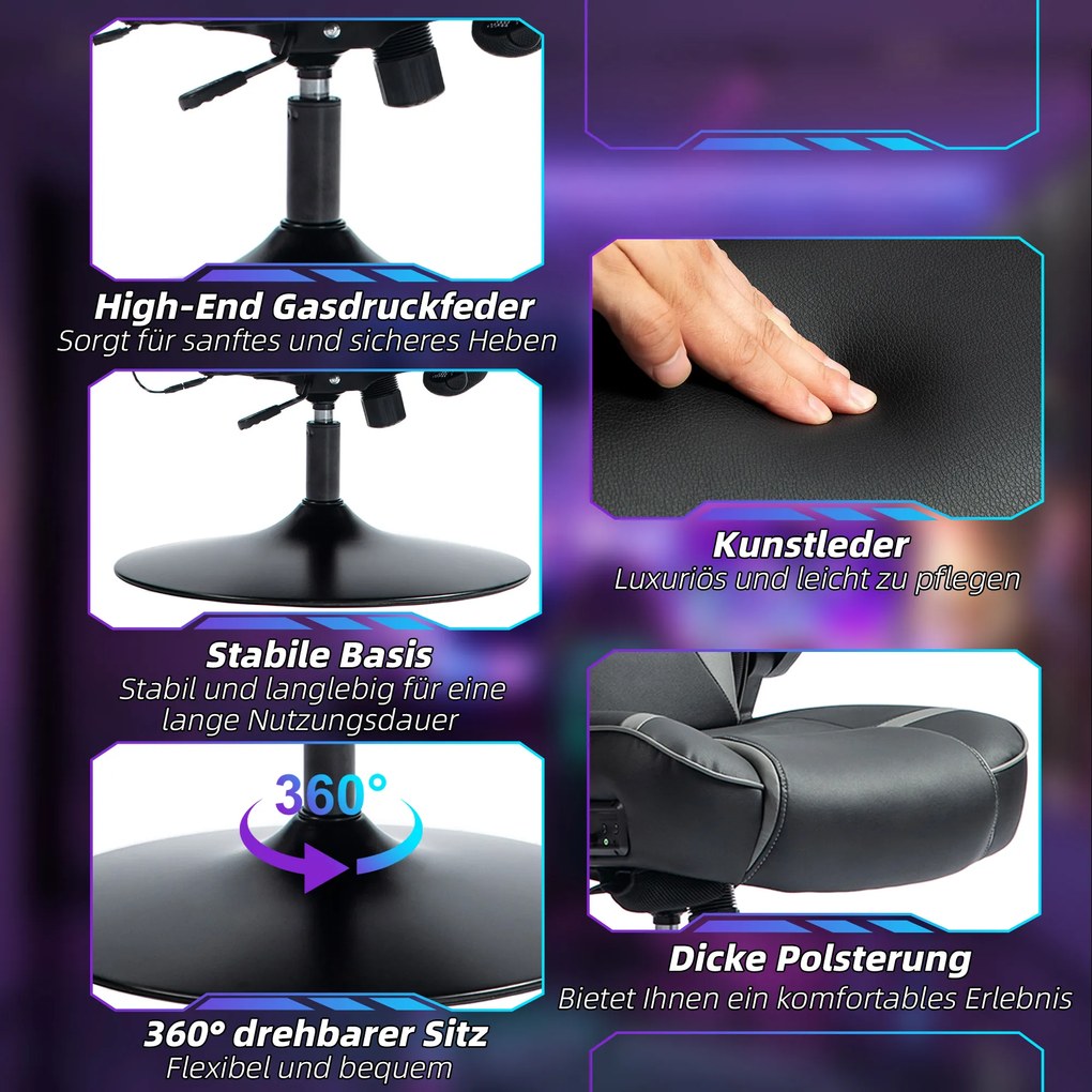 Καρέκλα Gaming Vinsetto με λειτουργία λίκνισης και ηχείο, οσφυϊκή και αυχενική υποστήριξη, για παιδικό δωμάτιο, δερματίνη, Γκρι+Μαύρο