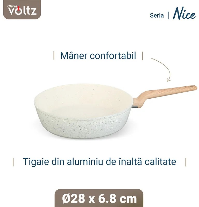 Βαθύ τηγάνι Voltz Nice OV54419E28D, 28x6.8 cm, Επίστρωση μαρμάρου, Επαγωγή, Κρέμα μελανζέ