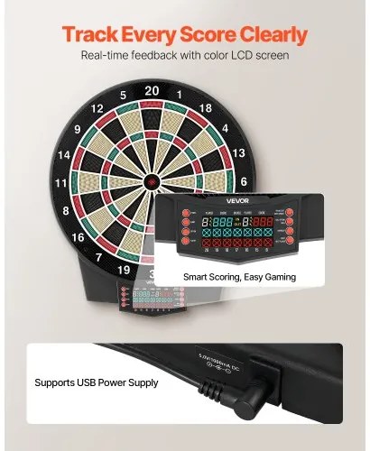 VEVOR Electronic Dart Board, 391mm Target Dartboard with 43 Games & 320+ Variations for Up to 8 Players, 6 Dart Shafts with Flights & 50 Soft Tips, Color LCD Scoring Screen for Home Party Game Room