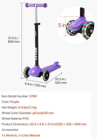 VEVOR Kick Scooter for Kids Ages 3+, 3-Wheel Toddler Scooter with Light-Up Wheels, Adjustable Height Handlebar, Wide Anti-Slip Deck, Lightweight Aluminum Frame for Boys & Girls up to 74.8 kg, Purple