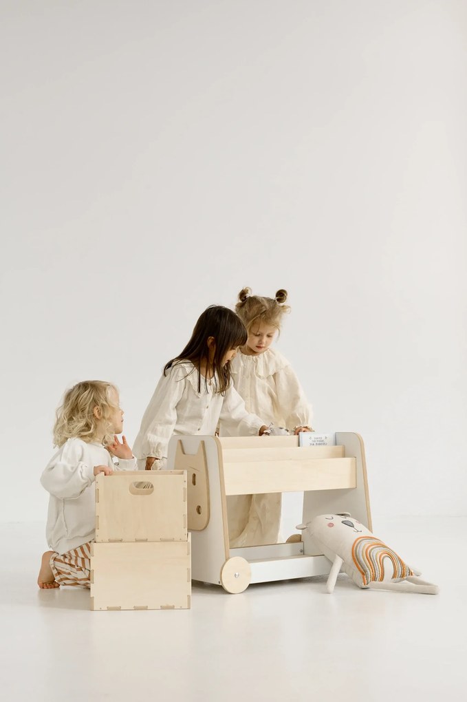 Ξύλινη Βιβλιοθήκη Montessori Τροχήλατη White + Natural  BabyWood