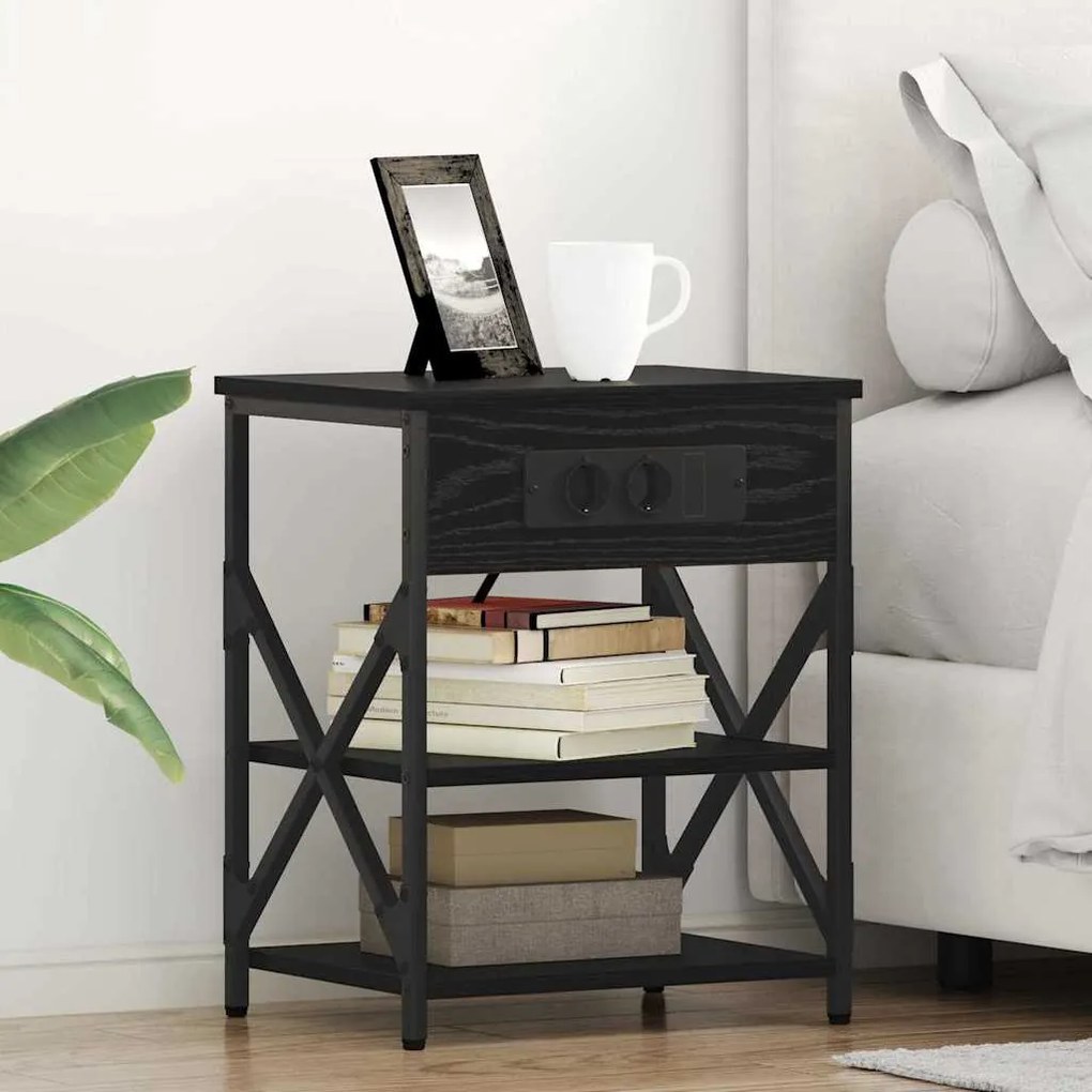 vidaXL Κομοδίνο με Σταθμό Φόρτισης 2 pcs Μαύρη δρυς Επεξεργασμένο ξύλο