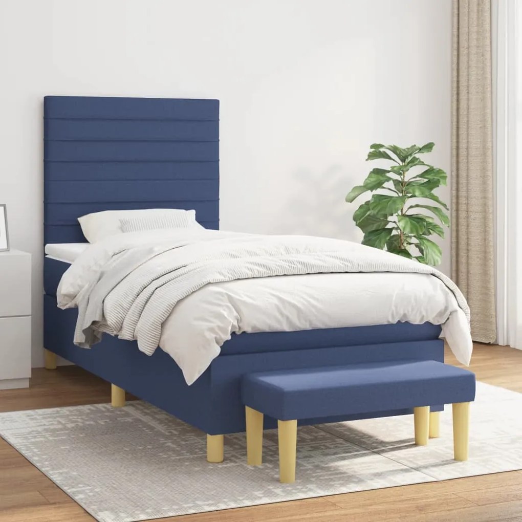 Κρεβάτι Boxspring με Στρώμα Μπλε 90x200 εκ.Υφασμάτινο