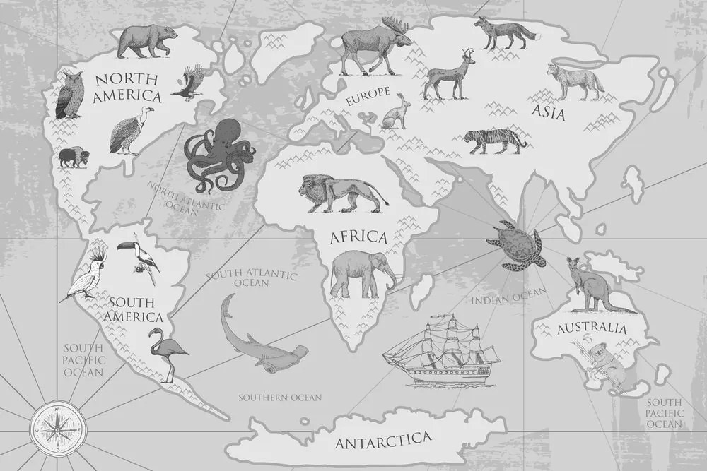 Εικόνα σε φελλό ενός ασπρόμαυρου παγκόσμιου χάρτη με ζώα - 120x80