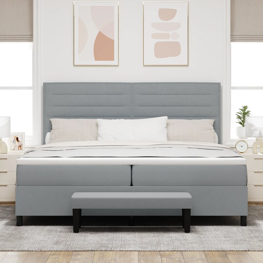 vidaXL Κρεβάτι Box Spring με Στρώμα & Πάγκο Ανοιχτό Γκρι 200x200 εκ. Ύφασμα