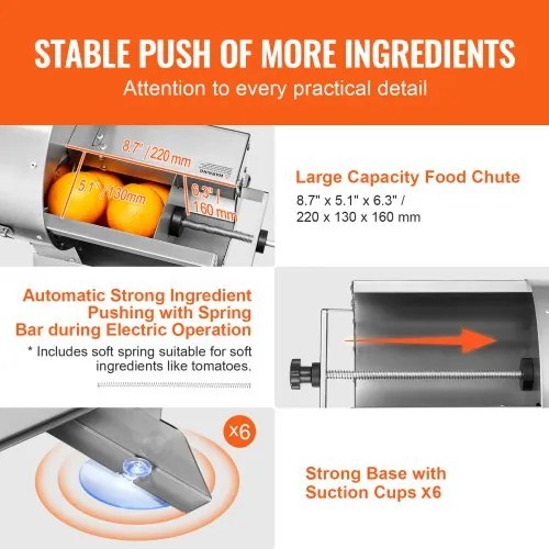 VEVOR Electric Vegetable Slicer, 0-0.5&quot;/0-12mm Thickness Adjustable Commercial Slicer Machine, Convertible to Manual, Stainless Steel Food Cutter Slicing Machine, Large Feed Port for Potato, Tomato