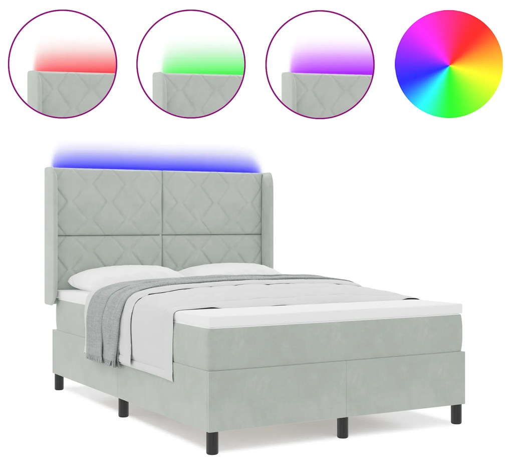 vidaXL κρεβάτι Box Spring με στρώμα και LED ζωήXL γκρι 140x200 εκ. βελούδο