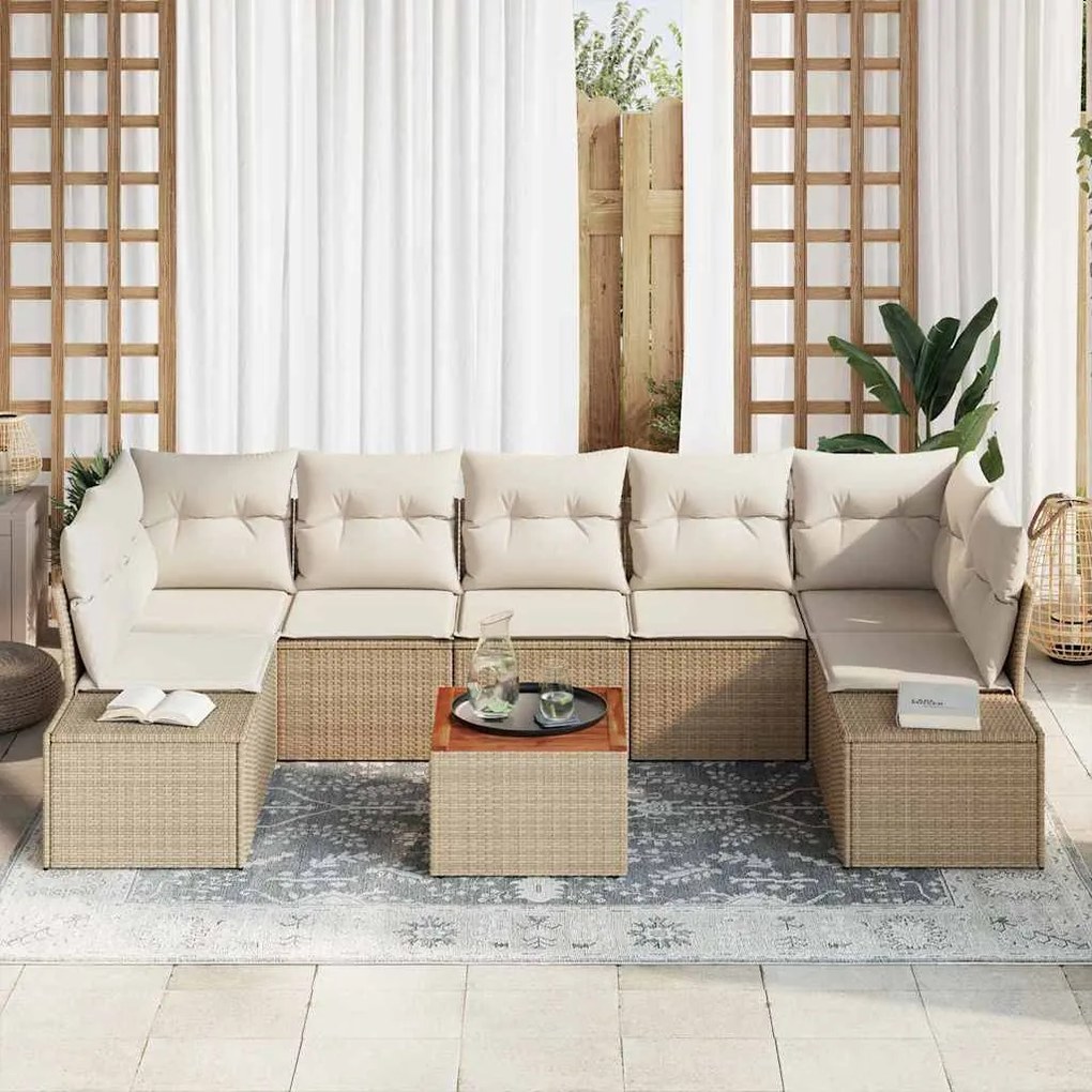 vidaXL Σετ Καναπέ Κήπου με μαξιλάρι 8 pcs Μπεζ Πολυ ράταν