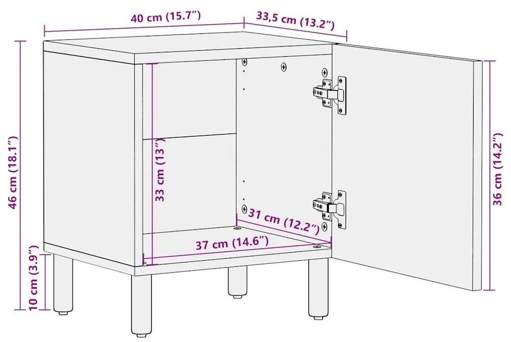 Κρεβατοκάμαρα Μαύρο 40x33,5x46cm Στερεό ακατέργαστο ξύλο Μάνγκο - Μαύρο