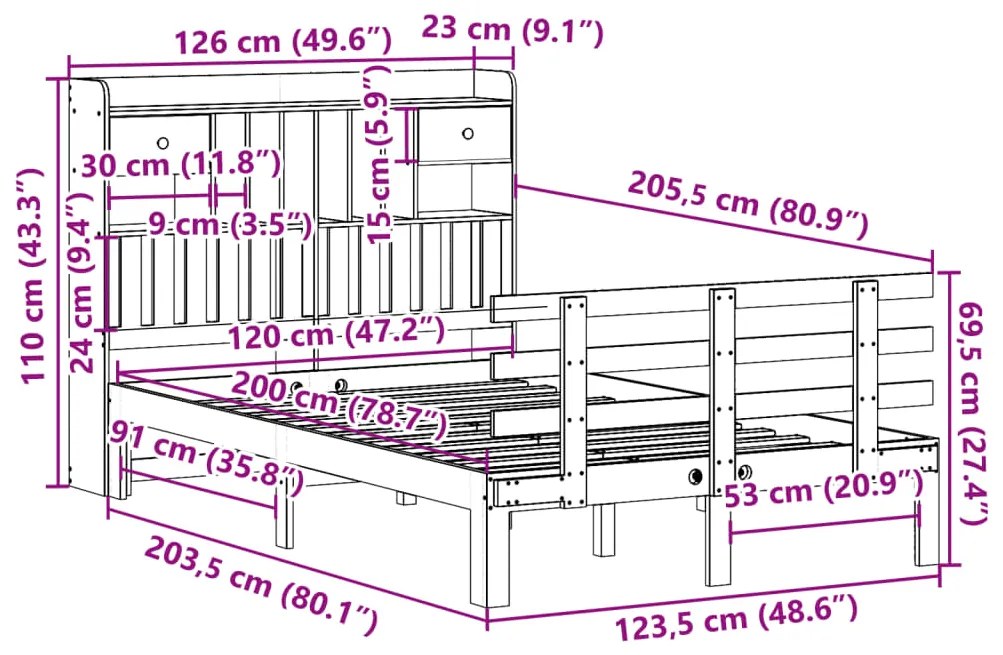 Κρεβάτι Βιβλιοθήκη Χωρίς Στρώμα 120x200 εκ Μασίφ Ξύλο Πεύκου - Καφέ