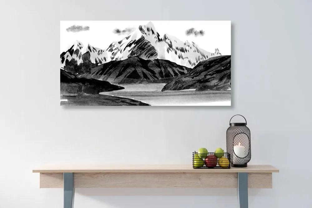 Εικόνα ζωγραφισμένο ορεινό τοπίο σε μαύρο & άσπρο