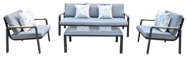 WOODWELL LATINO Set Σαλόνι Κήπου 4τεμ, Αλουμίνιο Μαύρο, Μαξιλάρια Γκρι, Γυαλί Μαύρο 2 Πολυθρ+1 Καναπ+1 Τραπεζάκι Ε6872,1