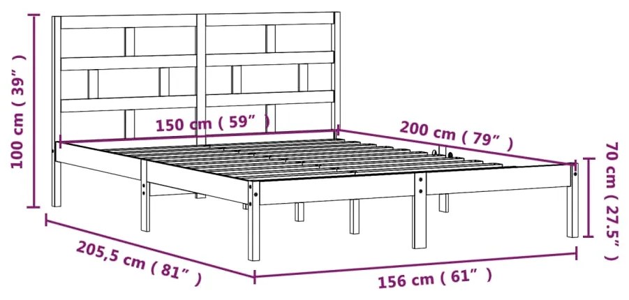 Πλαίσιο Κρεβατιού Γκρι 150 x 200 εκ. Μασίφ Ξύλο King Size - Γκρι