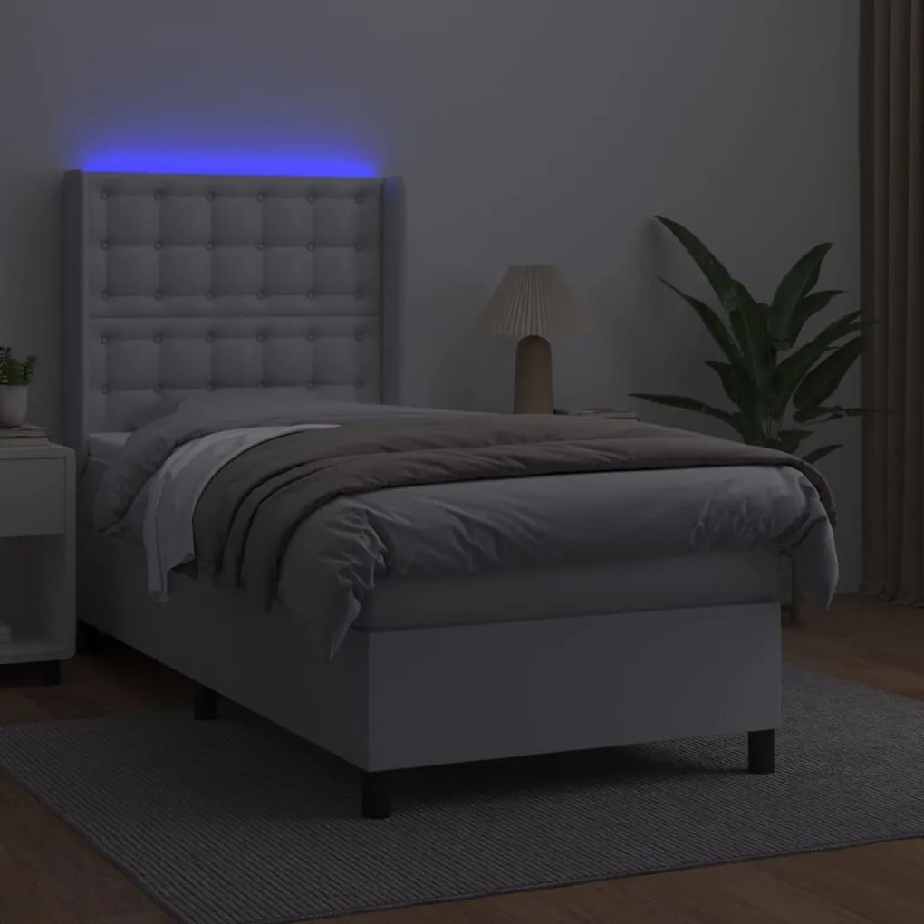 vidaXL Κρεβάτι Boxspring με Στρώμα & LED Λευκό 90x200 εκ. Συνθ. Δέρμα