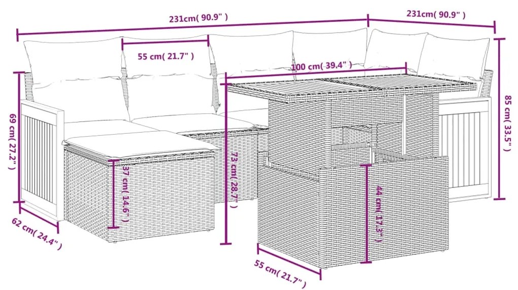 vidaXL Καναπές Κήπου 6 Τεμαχίων Μαύρο από Συνθετικό Ρατάν με Μαξιλάρια