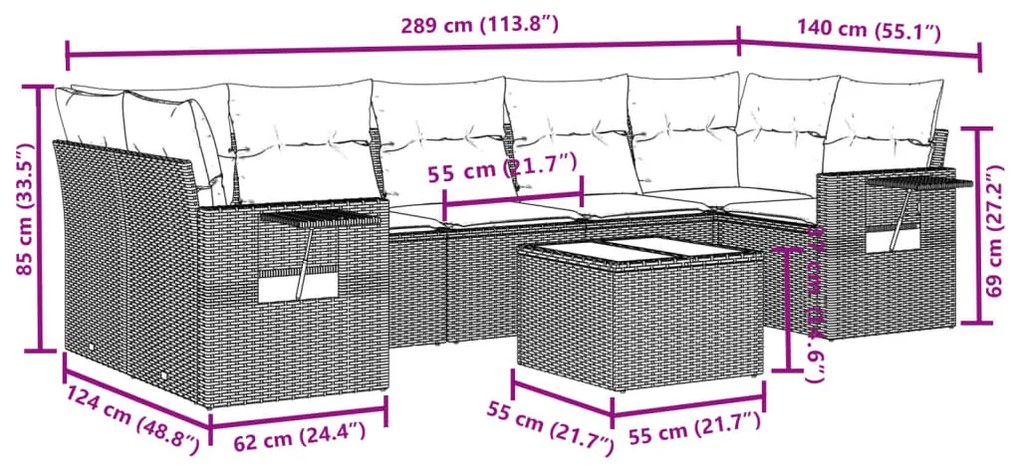 vidaXL Σαλόνι Κήπου Σετ 8 Τεμαχίων Γκρι Συνθετικό Ρατάν με Μαξιλάρια