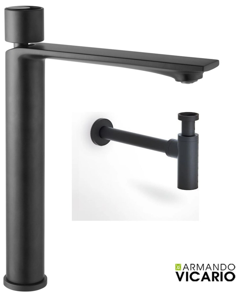 Armando Vicario Halo Black Matt Μπαταρία υψηλή Νιπτήρος με βαλβίδα clic-clac+Σιφών