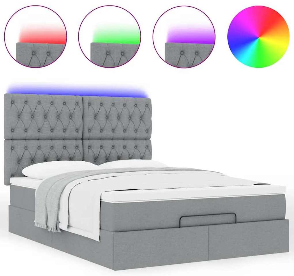 vidaXL Οθωμανικό κρεβάτι με στρώμα&LEDs Ανοιχτό γκρι 140x190cm Ύφασμα