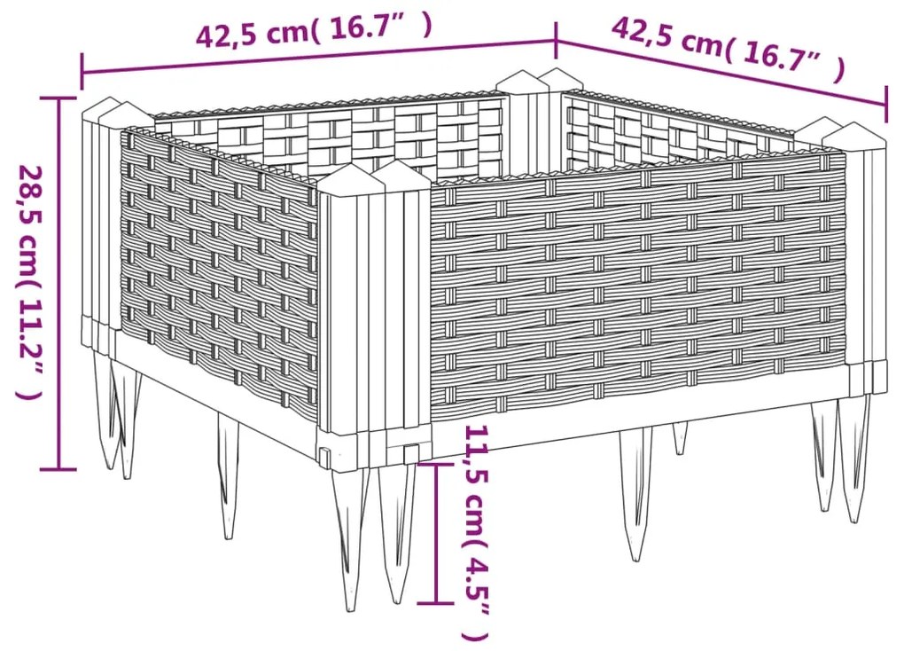 Ζαρντινιέρα με Πασσάλους Μαύρη 42,5x42,5x28,5 εκ Πολυπροπυλένιο - Μαύρο