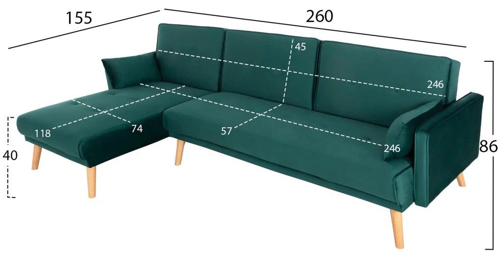 Γωνιακός Καναπές - Κρεβάτι PANTHEA Αναστρέψιμος Κυπαρισσί Βελούδο 260x155x86Υεκ. 260x155x86 εκ.