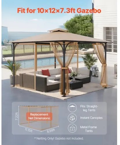 VEVOR Replacement Mesh Gazebo Netting Screen for 10x12x7.3 ft Patio, Net Only