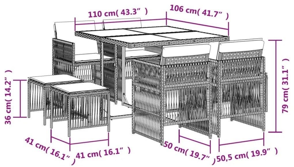 vidaXL Σετ Τραπεζαρίας Κήπου 9 τεμ Μαύρο από Συνθ. Ρατάν με Μαξιλάρια