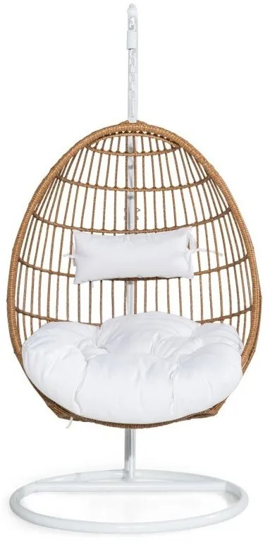 Κρεμαστή πολυθρόνα Comfort Garden 528, Άσπρο, Καφέ, 196x95x95cm, Πλαστικό ψάθινο, Ταπισερί, Μέταλλο