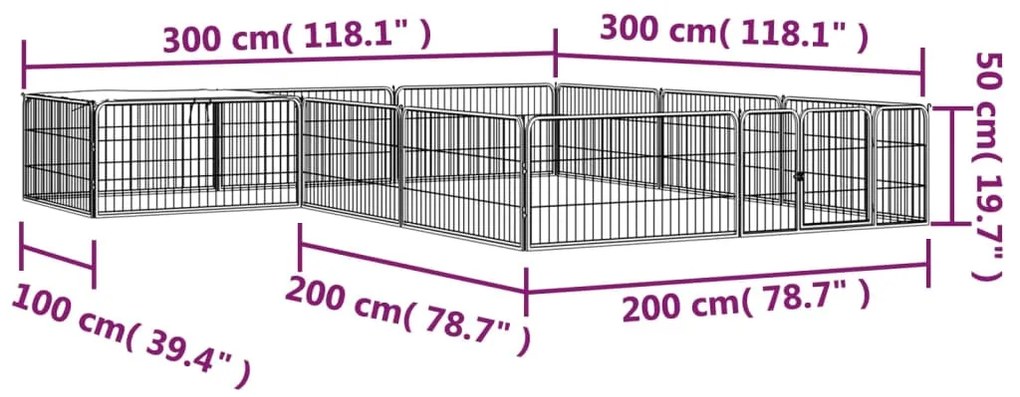 vidaXL Παρκοκρέβατο Σκύλου 12 Πάνελ Μαύρο 100x50εκ Ατσάλι Βαφή Πούδρας