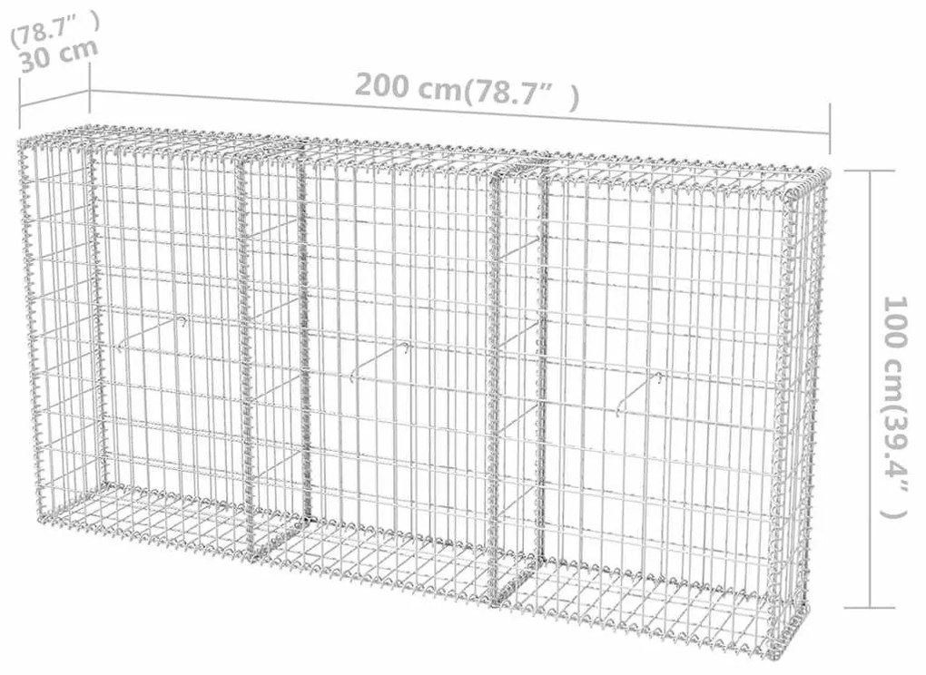 Συρματοκιβώτιο 200 x 30 x 100 εκ. από Γαλβανισμένο Χάλυβα   - Ασήμι