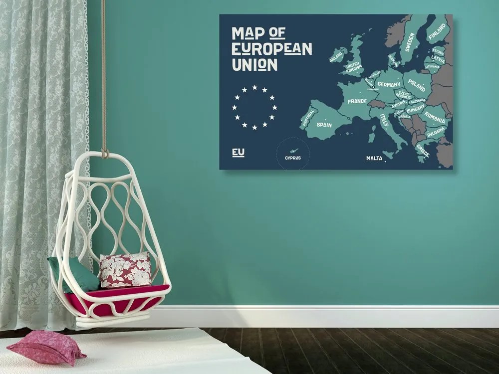 Εικόνα στον εκπαιδευτικό χάρτη φελλού με ονόματα χωρών της Ευρωπαϊκής Ένωσης - 90x60  wooden