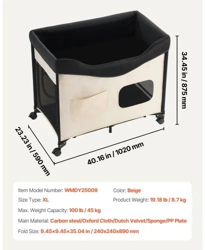 VEVOR Elevated Lounge Pet Bed Foldable Bunk Dog Bed with Wheels &amp; Side Bags XL