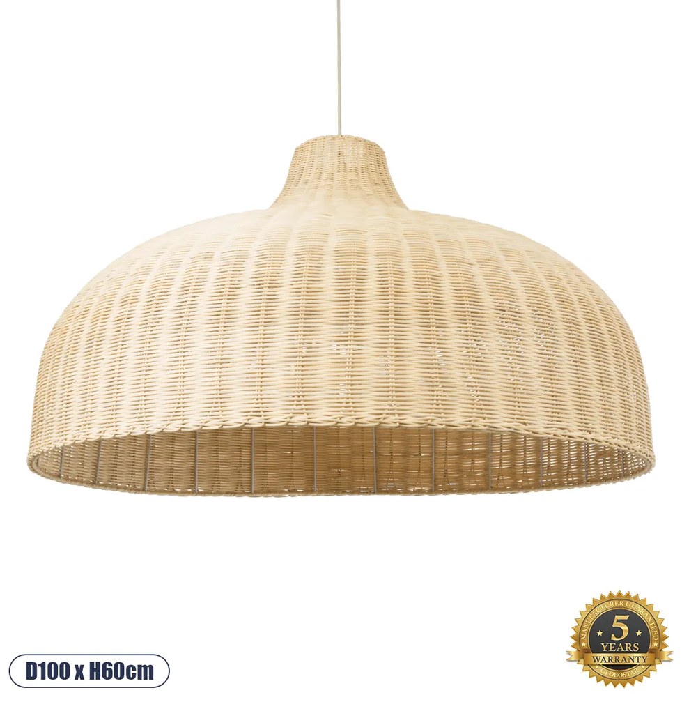 GloboStar® AFURU 01829 Boho Κρεμαστό Φωτιστικό Οροφής Μονόφωτο 1 x E27 AC220-240V IP20 - Φ100 x Υ60cm - Μπεζ Ξύλινο Μπαμπού Πλέγμα Καμπάνα - 5 Χρόνια Εγγύηση