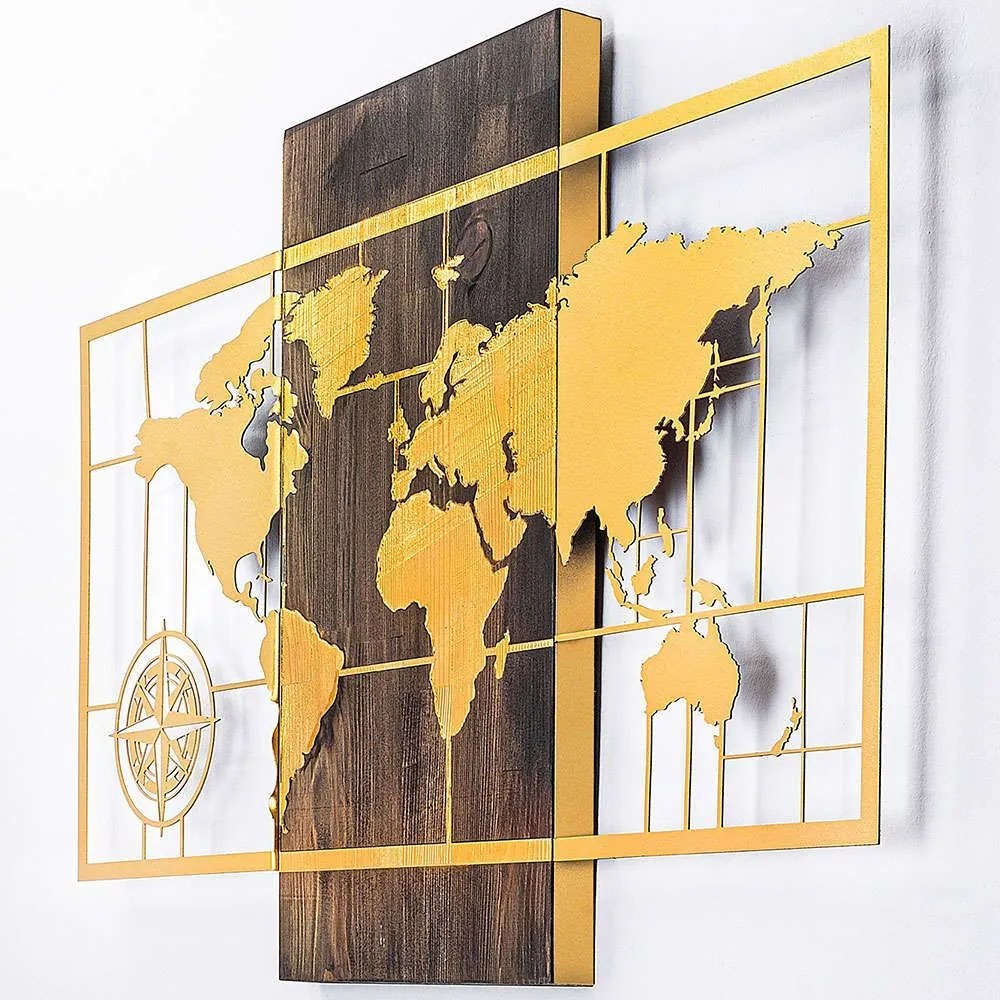 Διακοσμητικό Τοίχου World Map 899SKL2233 85x58cm Walnut-Gold Wallity Metal,Wood
