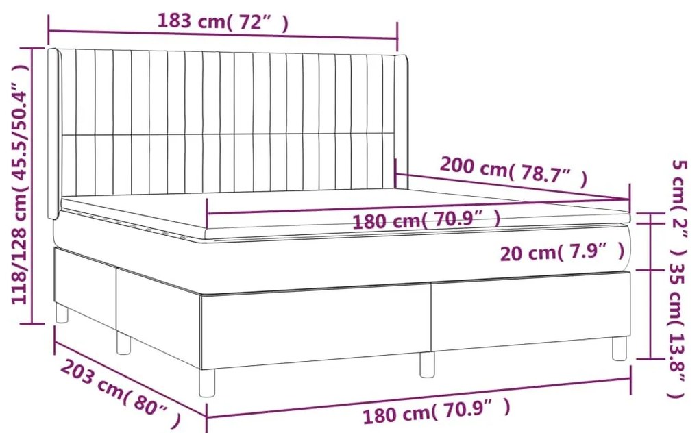 Κρεβάτι Boxspring με Στρώμα &amp; LED Αν.Γκρι 180x200 εκ. Βελούδινο - Γκρι