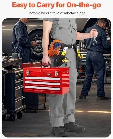 VEVOR Tool Box 20.5-inch Portable Metal Tool Box 3 Drawers Tool Organizer Red