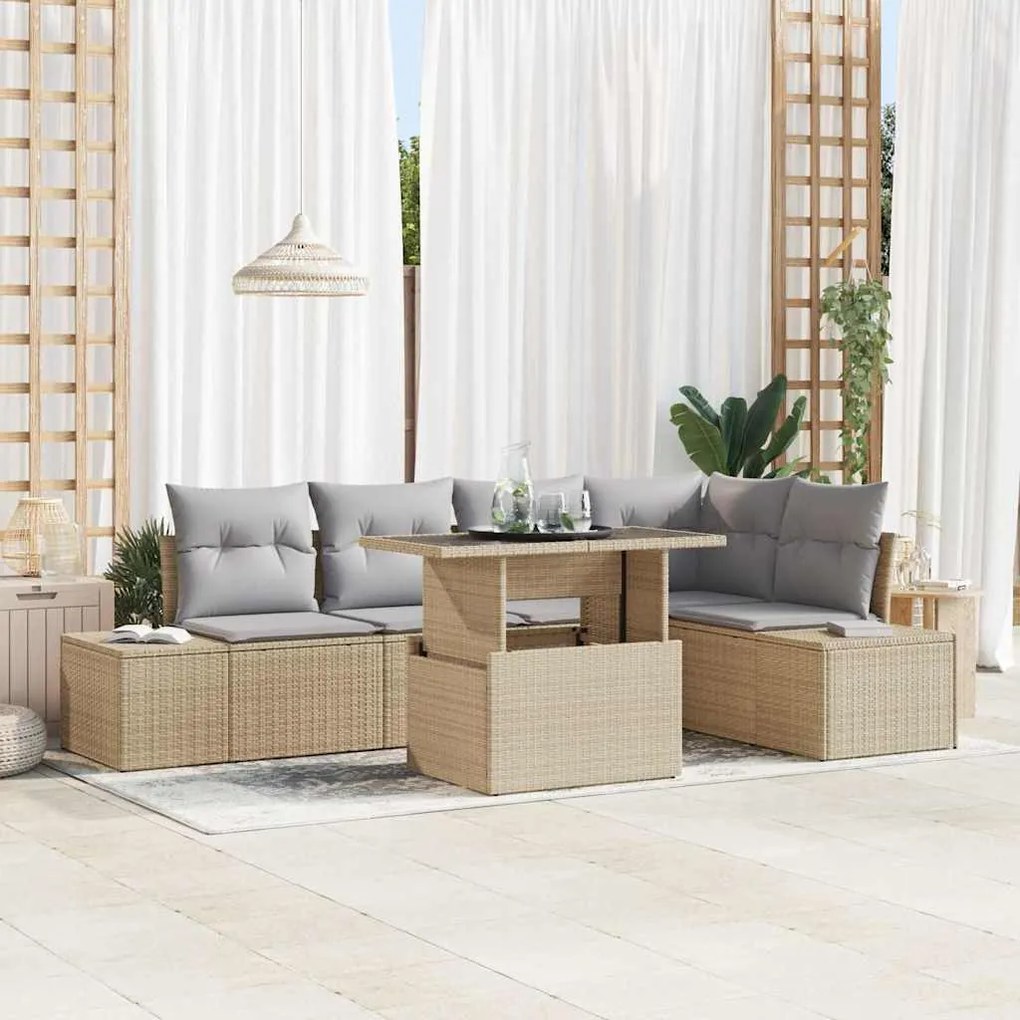 vidaXL Σετ Καναπέ Κήπου με μαξιλάρι 6 pcs Μπεζ Πολυ ράταν