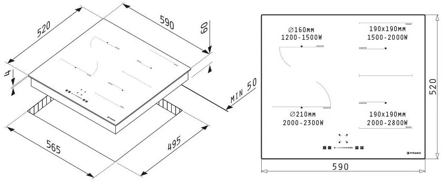 Εστία επαγωγική Pyramis Αφής χωρίς Πλαίσιο PHI62432FMB 59x52x6 εκ.