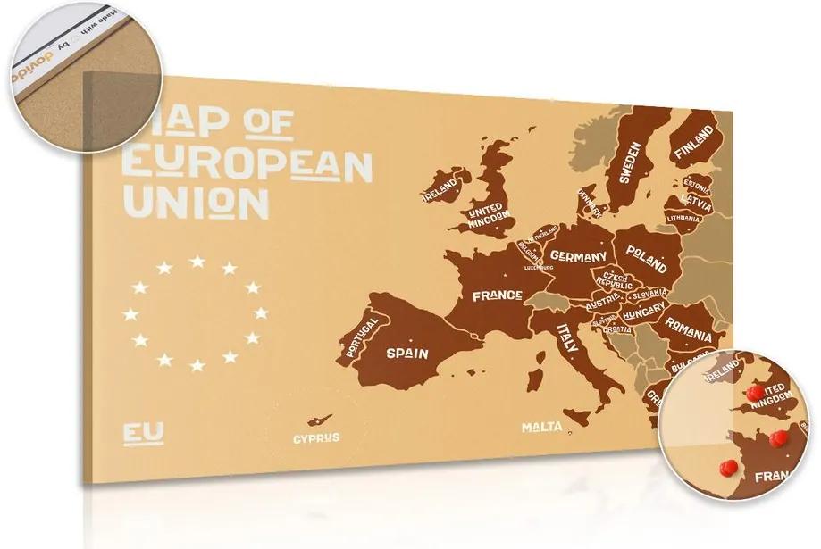 Εικόνα στον εκπαιδευτικό χάρτη από φελλό με ονόματα χωρών της ΕΕ σε αποχρώσεις του καφέ - 120x80  wooden