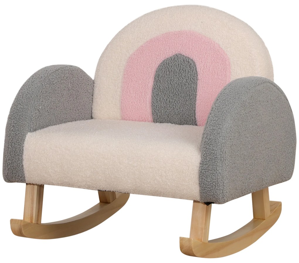 HOMCOM Κουνιστή πολυθρόνα για νήπια, χαριτωμένο σχέδιο, απομίμηση δέρματος προβάτου, ξύλο ευκαλύπτου, 50 x 45 x 44cm, γκρι+ροζ+κρεμ