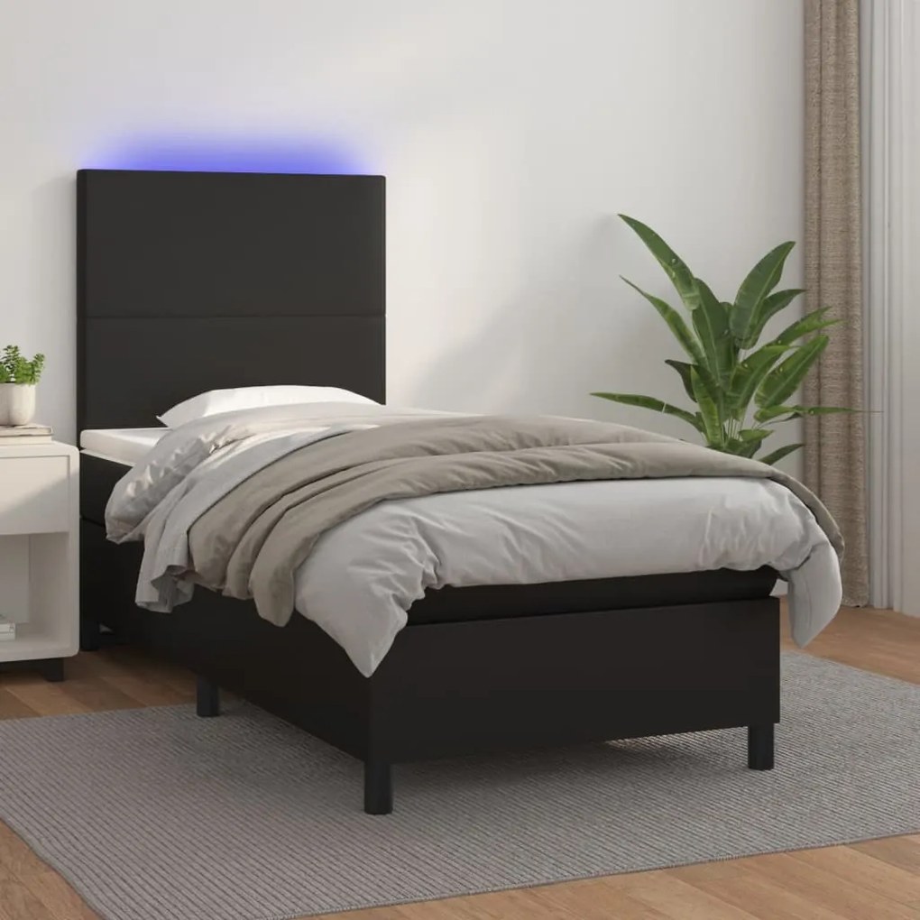 Κρεβάτι Boxspring με Στρώμα &amp; LED Μαύρο 90x190 εκ. Συνθ. Δέρμα