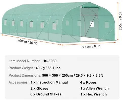 VEVOR Walk-in Tunnel Greenhouse 29.53x9.84x6.6ft Galvanized Frame PE Cover Green